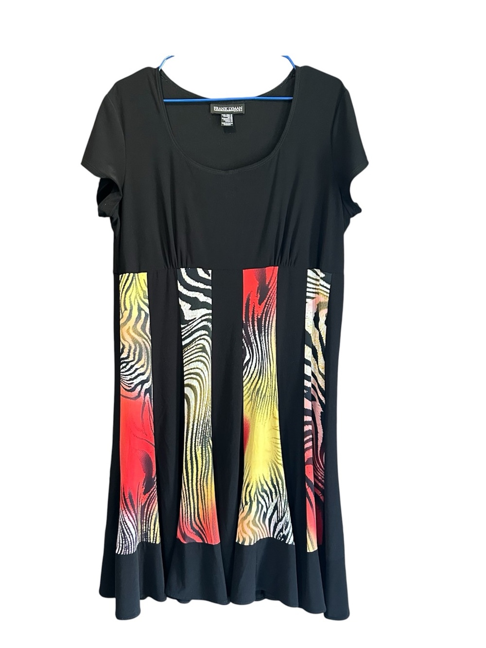 Frank Lyman Design Black Tunic Dress with Red & Yellow Zebra Panels